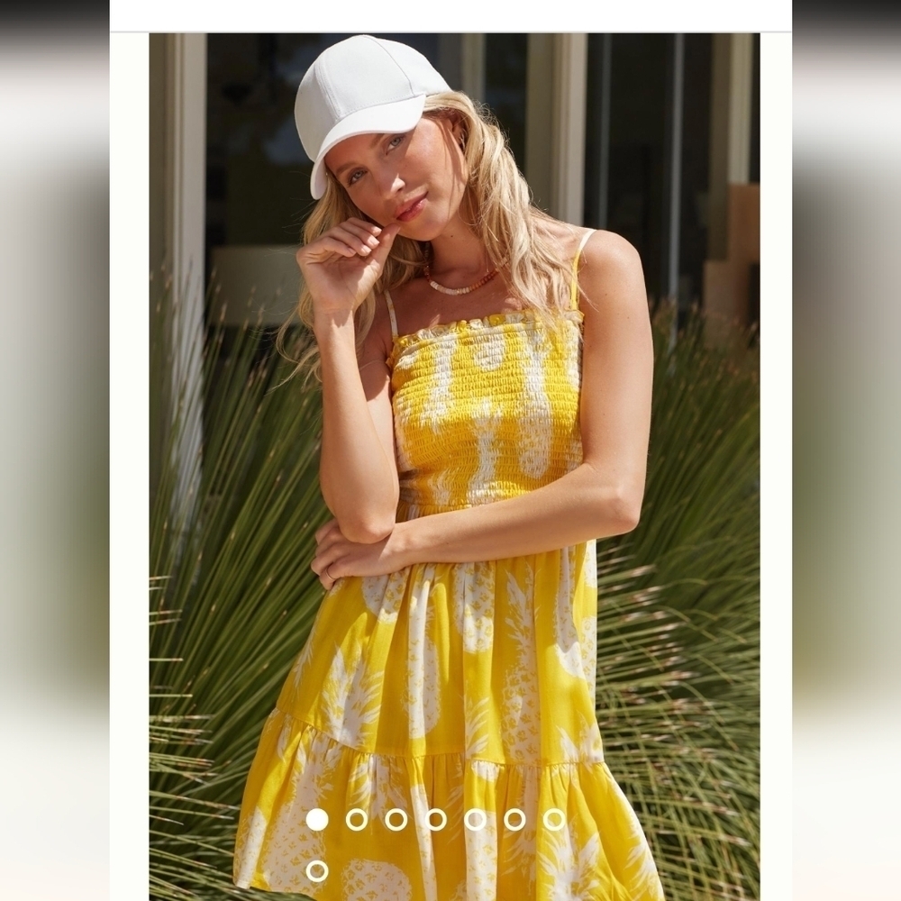 Anthropologie Yellow & White Mini Dress, Pineapple Print removable Straps sz 1x